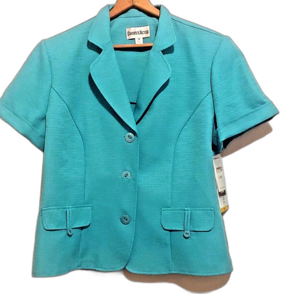NWT Danny & Nicole Short Sleeve Blazer Top Turquoise Career Office Women's 14